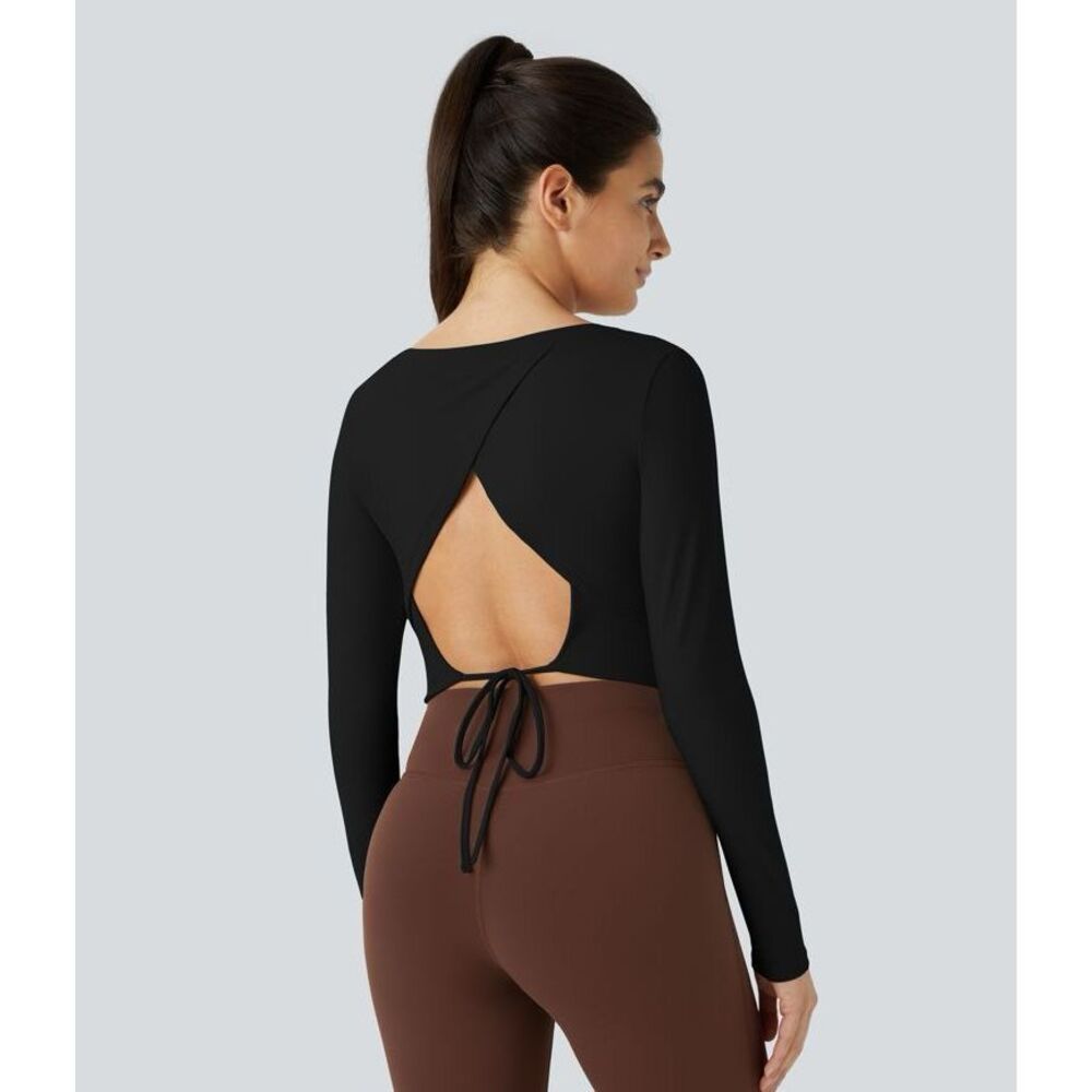 Halara Long Sleeve Cut Out Tie Back Cropped Barre Ballet Dance Sports Top Size S